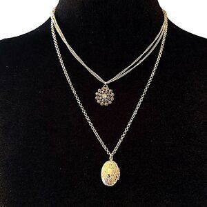 Silver Multi-Layer Chain Necklace With Locket Pendant & Crystal Accent